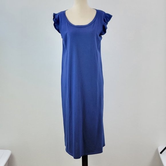 DUAL NATURE ruffle sleeveless shift midi dress blue Sz M NEW - Picture 1 of 7